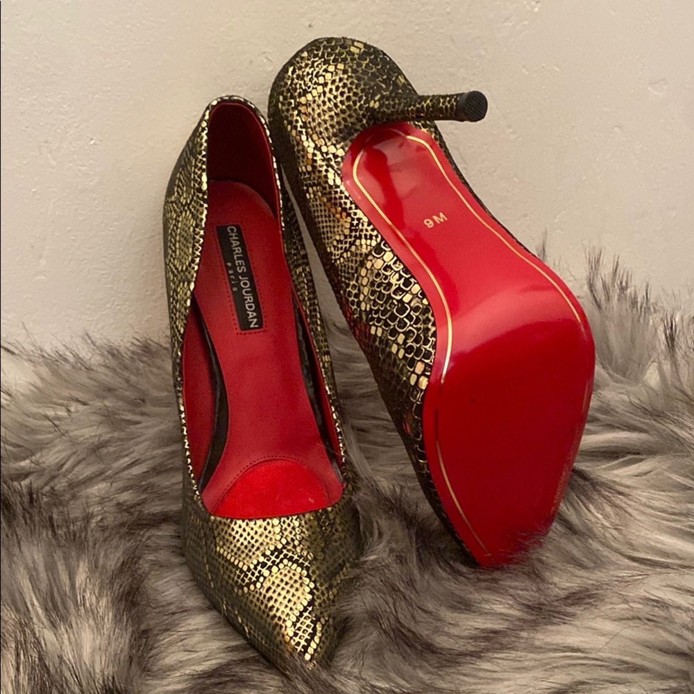 Charles Jourdan Gold and Red Stiletto Heels